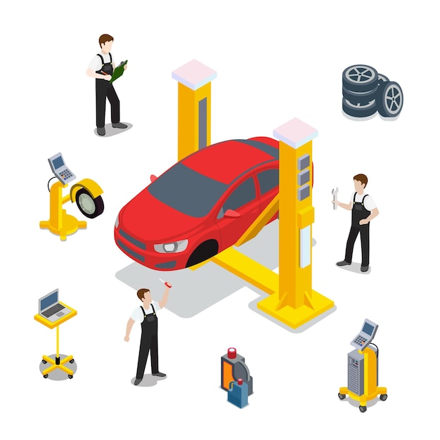 Plantilla de servicio de coche rojo de inspección técnica. Ilustración de sitio web de vehículo de comprobación isométrica. Infografía de diagnóstico automático del ordenador de goma del neumático de la rueda del coche rojo sobre fondo blanco.