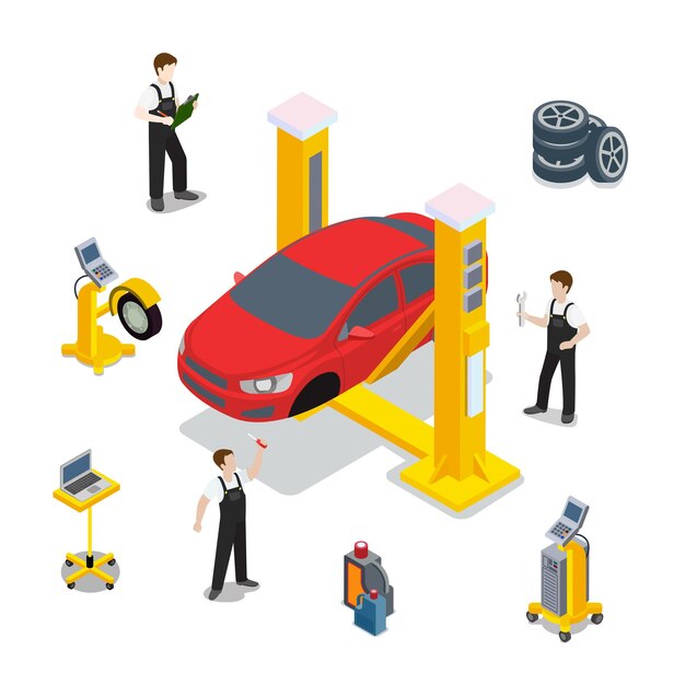 Plantilla de servicio de coche rojo de inspección técnica. Ilustración de sitio web de vehículo de comprobación isométrica. Infografía de diagnóstico automático del ordenador de goma del neumático de la rueda del coche rojo sobre fondo blanco.