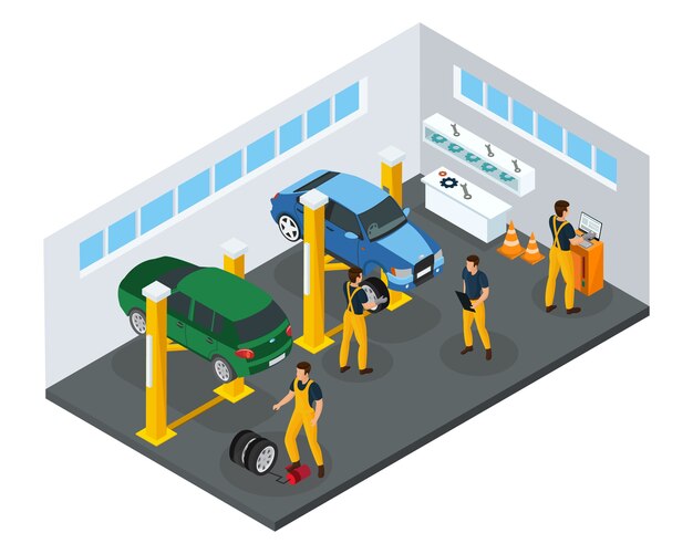 Plantilla de servicio de reparación de automóviles isométrica con trabajadores profesionales en uniforme cambiando neumáticos en garaje aislado