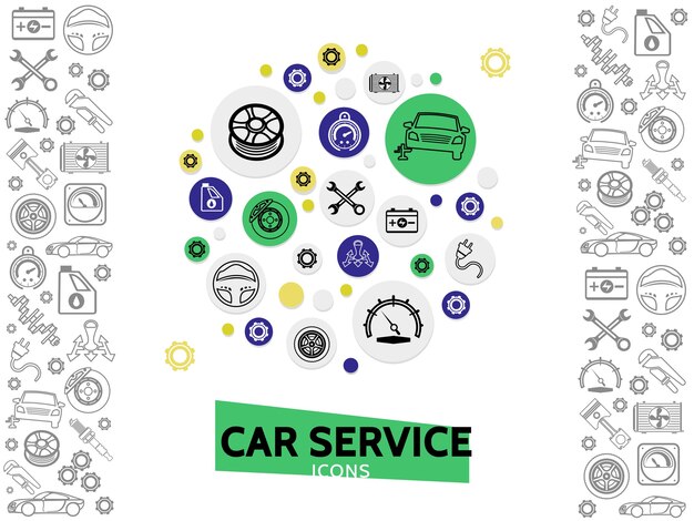 Plantilla de servicio y reparación de automóviles con llaves rueda de dirección de disco de freno engranajes de radiador de neumáticos de automóvil