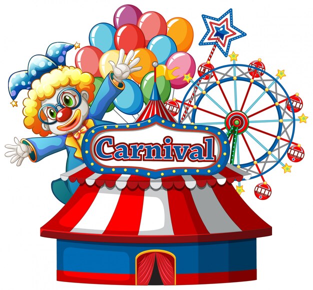 Plantilla de signo de carnaval con payaso feliz y noria en segundo plano.