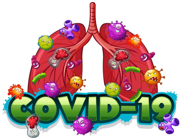 Plantilla de signo Covid19 con pulmones humanos llenos de virus