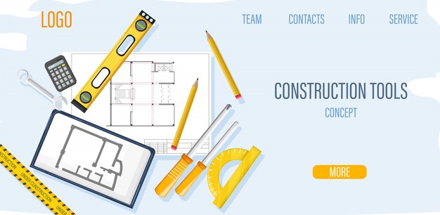 Plantilla de sitio de construcción con herramientas de arquitecto y plano