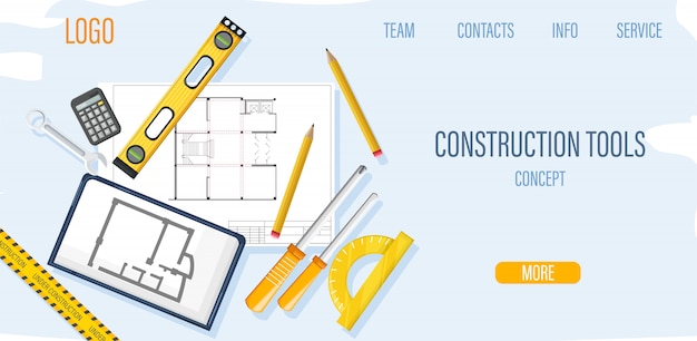 Plantilla de sitio de construcción con herramientas de arquitecto y plano