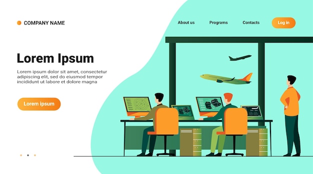 Plantilla de sitio web, página de destino con ilustración del centro de control de vuelo aislado ilustración vectorial plana