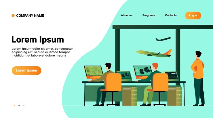 Vector gratuito plantilla de sitio web, página de destino con ilustración del centro de control de vuelo aislado ilustración vectorial plana