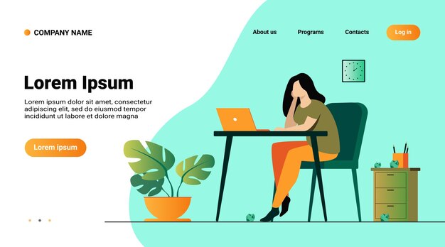 Plantilla de sitio web, página de destino con ilustración de dibujos animados mujer agotada sentada y mesa y trabajando ilustración vectorial plana aislada
