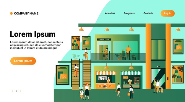 Plantilla de sitio web, página de destino con ilustración del interior de la tienda departamental con clientes. Gente de compras en el centro comercial de la ciudad, caminando por los pasillos del edificio más allá de las ventanas, llevando bolsas