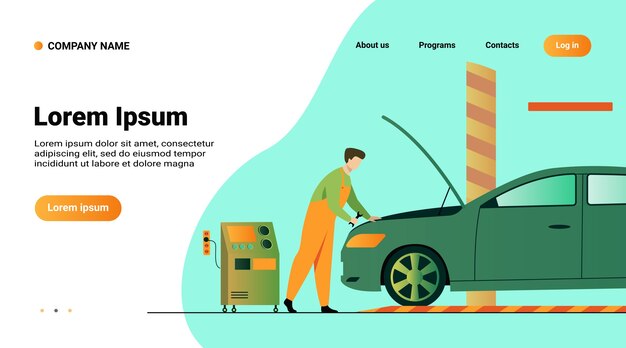 Plantilla de sitio web, página de destino con ilustración de mecánico de automóviles que repara el motor del vehículo aislado ilustración vectorial plana