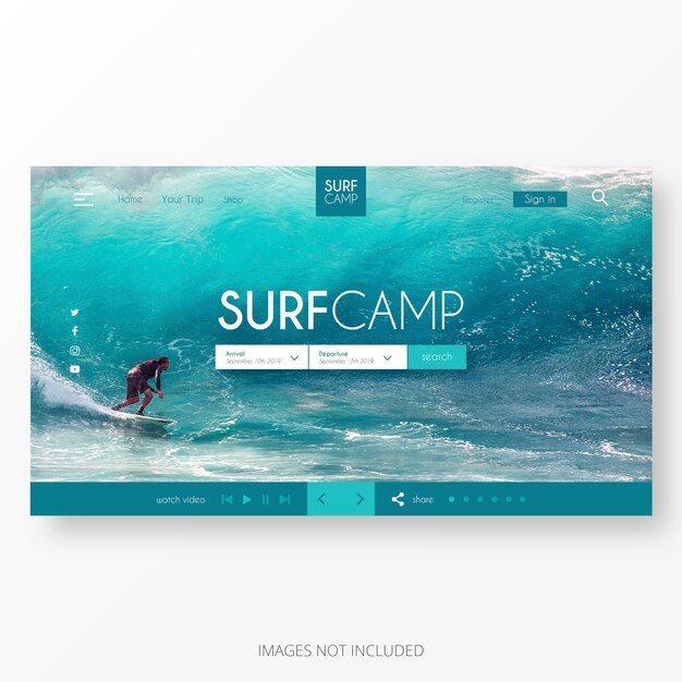 Vector gratuito plantilla surfing landing page