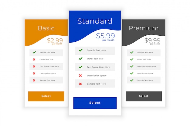 Vector gratuito plantilla de tabla de precios web para comparación de servicios