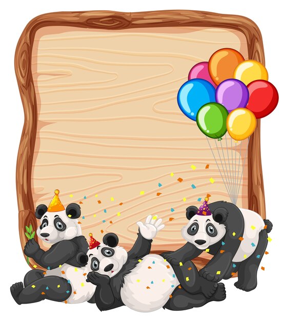 Plantilla de tablero de madera en blanco con pandas en tema de fiesta aislado