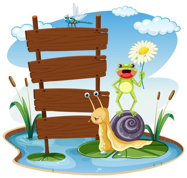 Plantilla de tablero vacío con caracol e insectos.