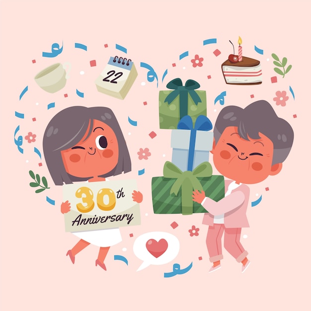 Vector gratuito plantilla de tarjeta de 30 aniversario de diseño plano dibujado a mano