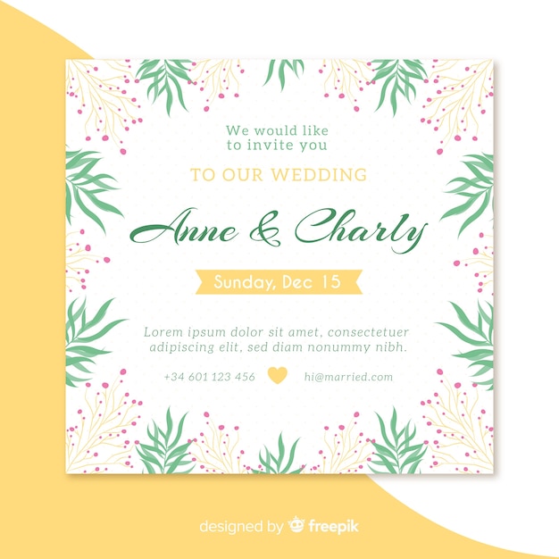 Vector gratuito plantilla de tarjeta de boda en diseño plano