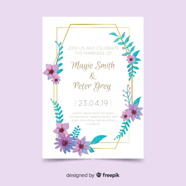 Plantilla de tarjeta de boda floral en acuarela