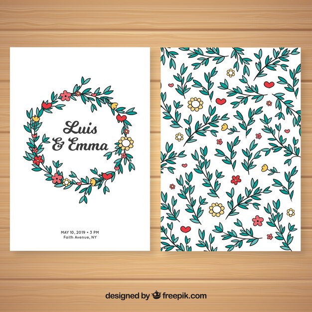 Plantilla de tarjeta de boda floral dibujada a mano