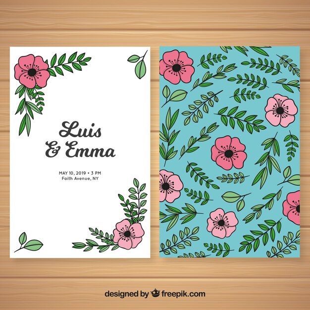 Plantilla de tarjeta de boda floral dibujada a mano