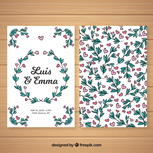Plantilla de tarjeta de boda floral dibujada a mano