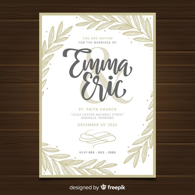 Plantilla de tarjeta de boda floral dibujada a mano