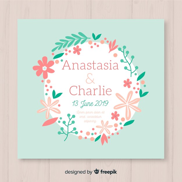 Plantilla de tarjeta de boda floral en diseño plano