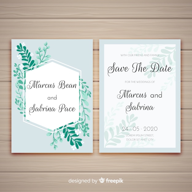 Vector gratuito plantilla de tarjeta de boda floral en diseño plano