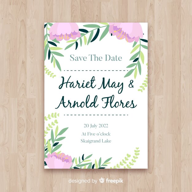 Plantilla de tarjeta de boda floral en diseño plano