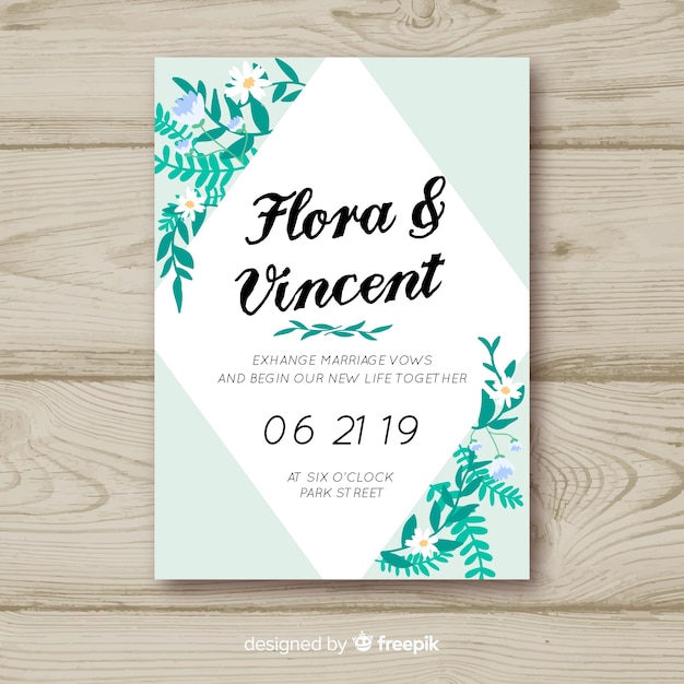 Vector gratuito plantilla de tarjeta de boda floral en diseño plano