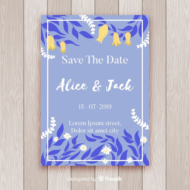 Plantilla de tarjeta de boda floral en diseño plano