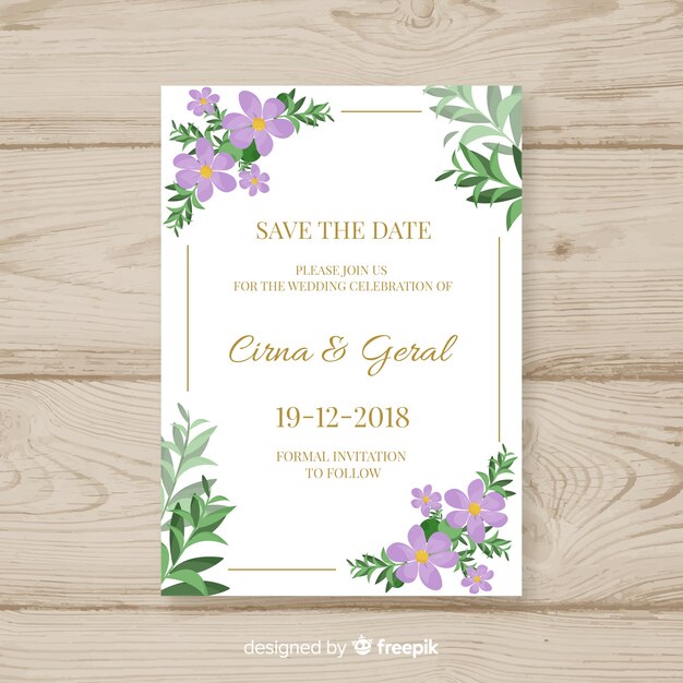 Plantilla de tarjeta de boda floral en diseño plano