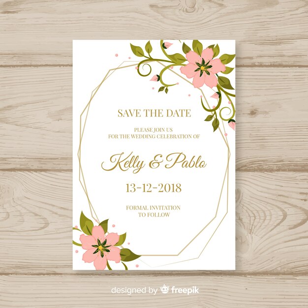 Plantilla de tarjeta de boda floral en diseño plano
