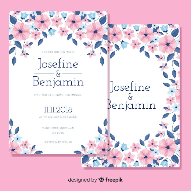 Plantilla de tarjeta de boda floral en diseño plano