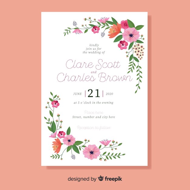 Plantilla de tarjeta de boda floral en diseño plano