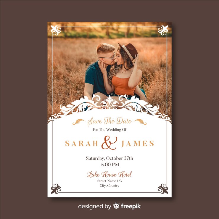 Vector gratuito plantilla de tarjeta de boda con foto y adornos