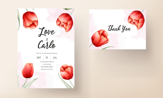 Vector gratuito plantilla de tarjeta de boda hermosa flor de tulipán rojo