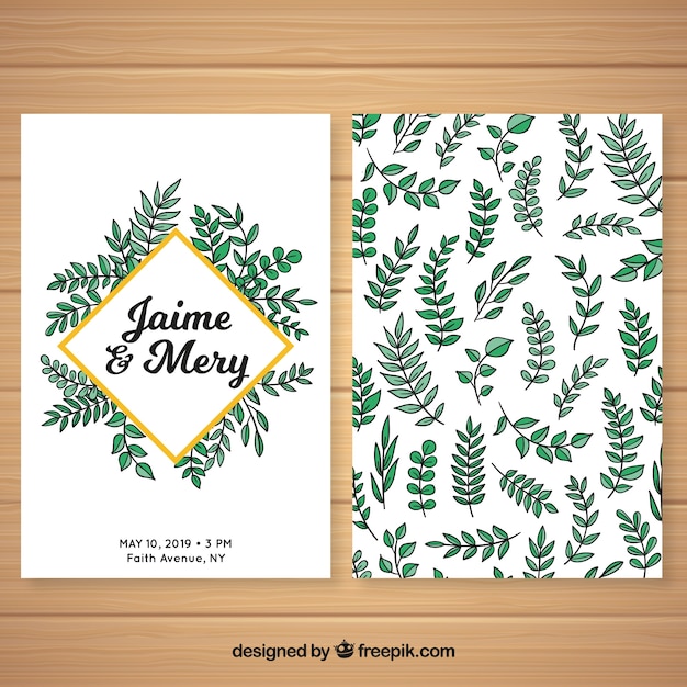 Plantilla de tarjeta de boda con hojas dibujadas a mano