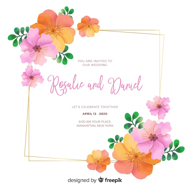 Vector gratuito plantilla de tarjeta de boda lindo marco floral acuarela