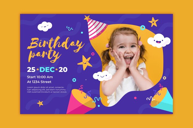 Plantilla de tarjeta de cumpleaños colorida para niños con foto