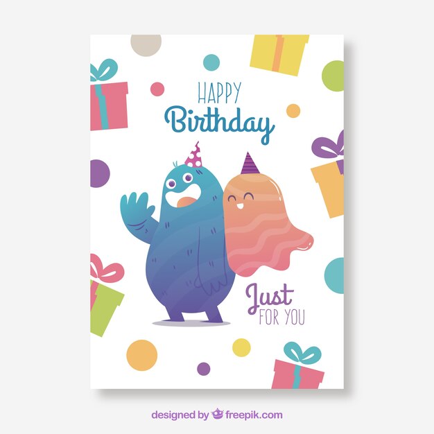 Plantilla de tarjeta de cumpleaños con fantasma y monstruo