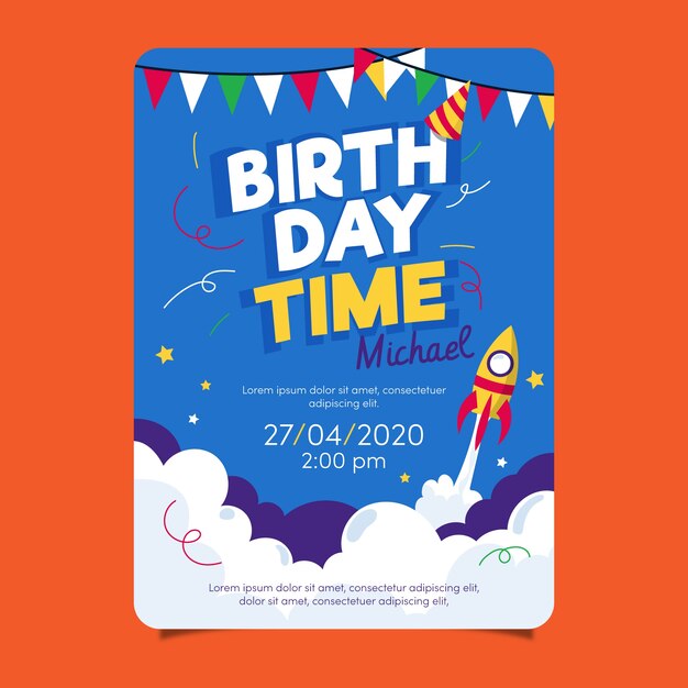 Plantilla de tarjeta de cumpleaños para niños con cohete