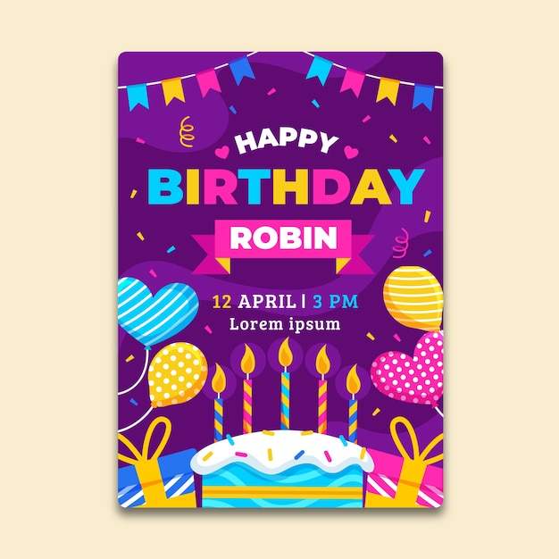 Plantilla de tarjeta de cumpleaños para niños con pastel y globos