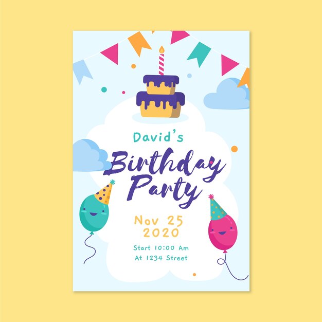 Plantilla de tarjeta de cumpleaños para niños con pastel y globos