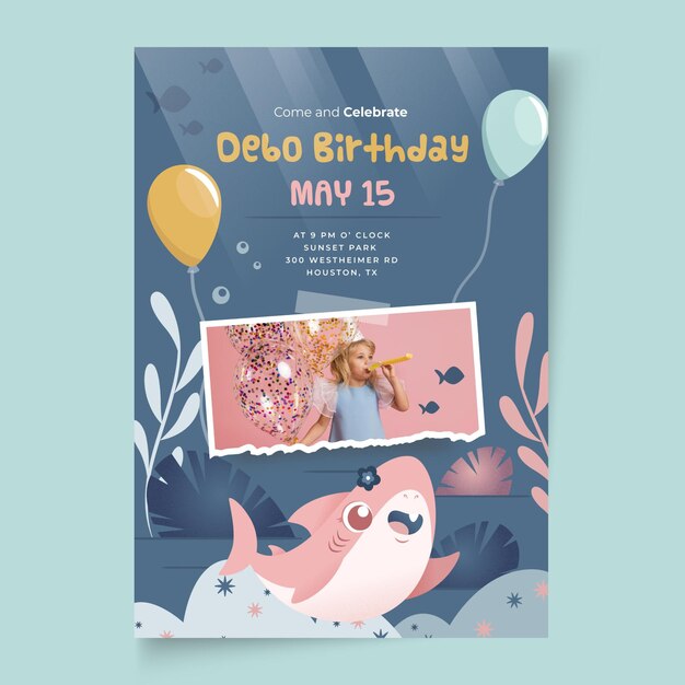Plantilla de tarjeta de cumpleaños de tiburón para niños