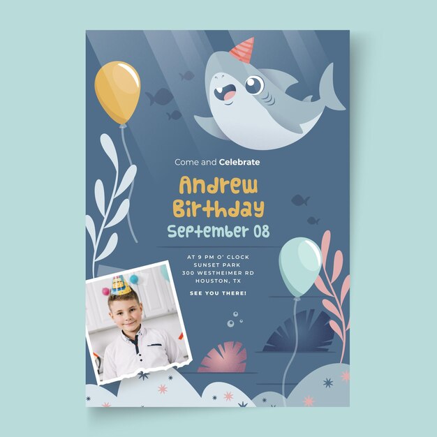 Plantilla de tarjeta de cumpleaños con tiburones y globos para niños