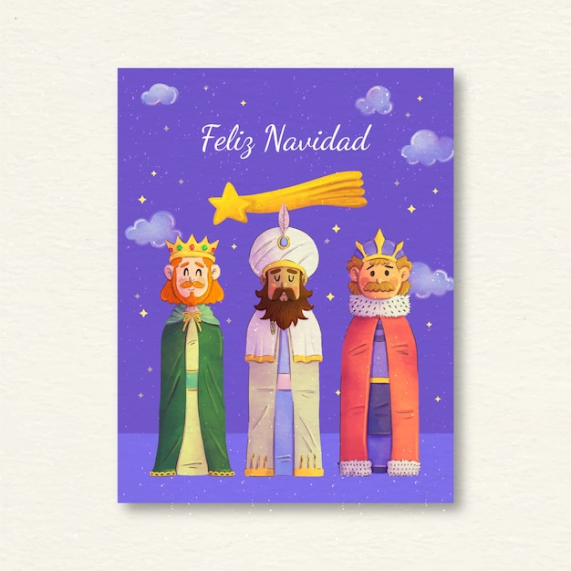 Plantilla de tarjeta de felicitación de acuarela feliz navidad reyes magos