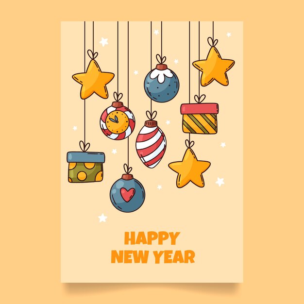 Plantilla de tarjeta de felicitación de año nuevo dibujada a mano