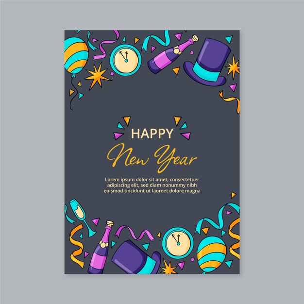 Plantilla de tarjeta de felicitación de año nuevo dibujada a mano