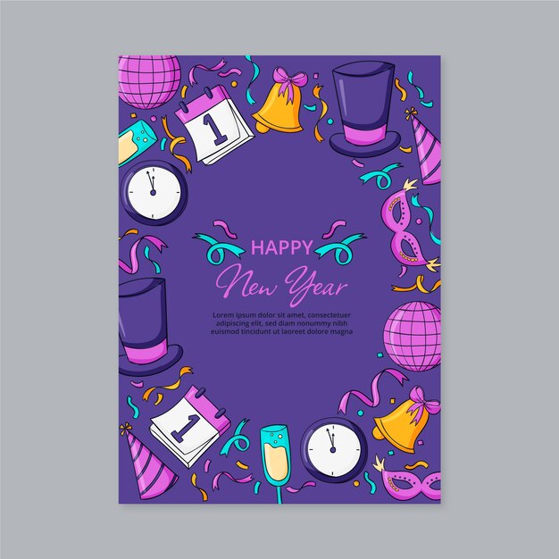 Plantilla de tarjeta de felicitación de año nuevo dibujada a mano