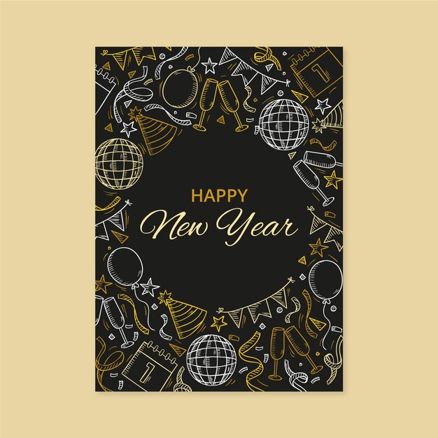 Plantilla de tarjeta de felicitación de año nuevo dibujada a mano