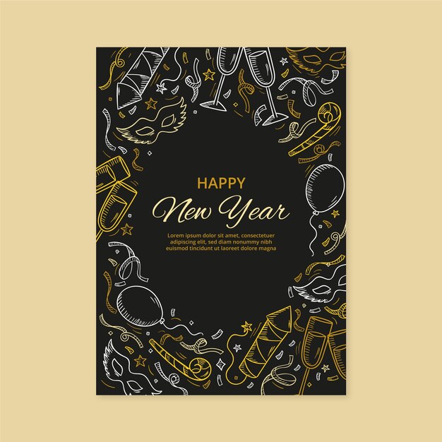 Plantilla de tarjeta de felicitación de año nuevo dibujada a mano
